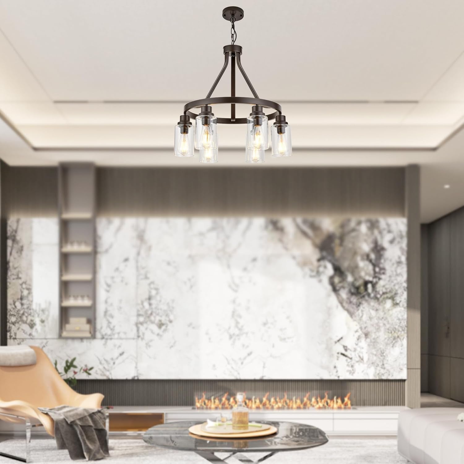 Oil Rubbed Bronze Dining Room Lighting Fixture Hanging Farmhouse Chandelier 6 Light Kitchen Island Lighting with Glass Shade