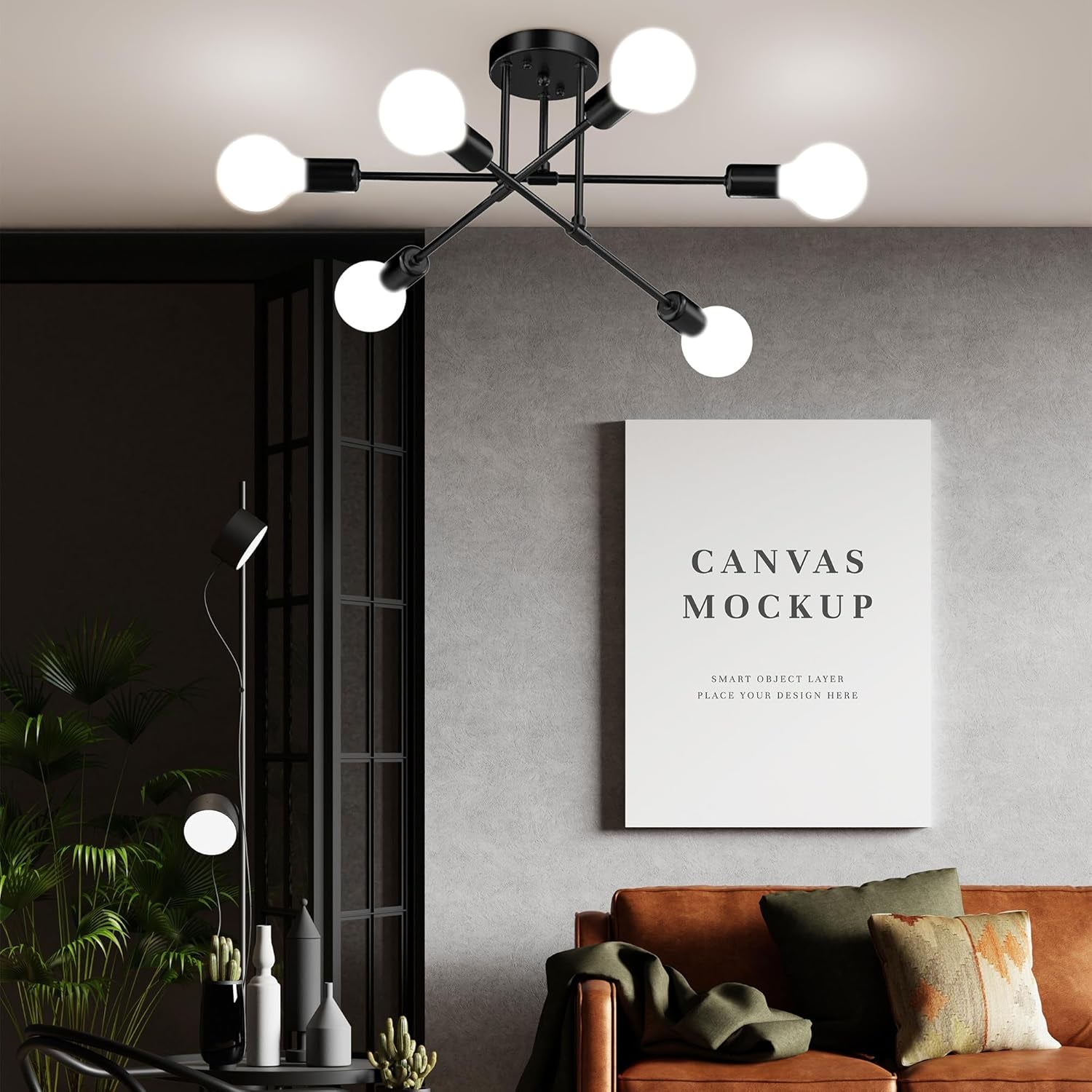 Modern Sputnik Chandelier Ceiling Light Fixtures, 6-Lights 22” Mid Century Industrial Metal Semi Flush Mount for Dining Room, Bedroom, Living Room-Black