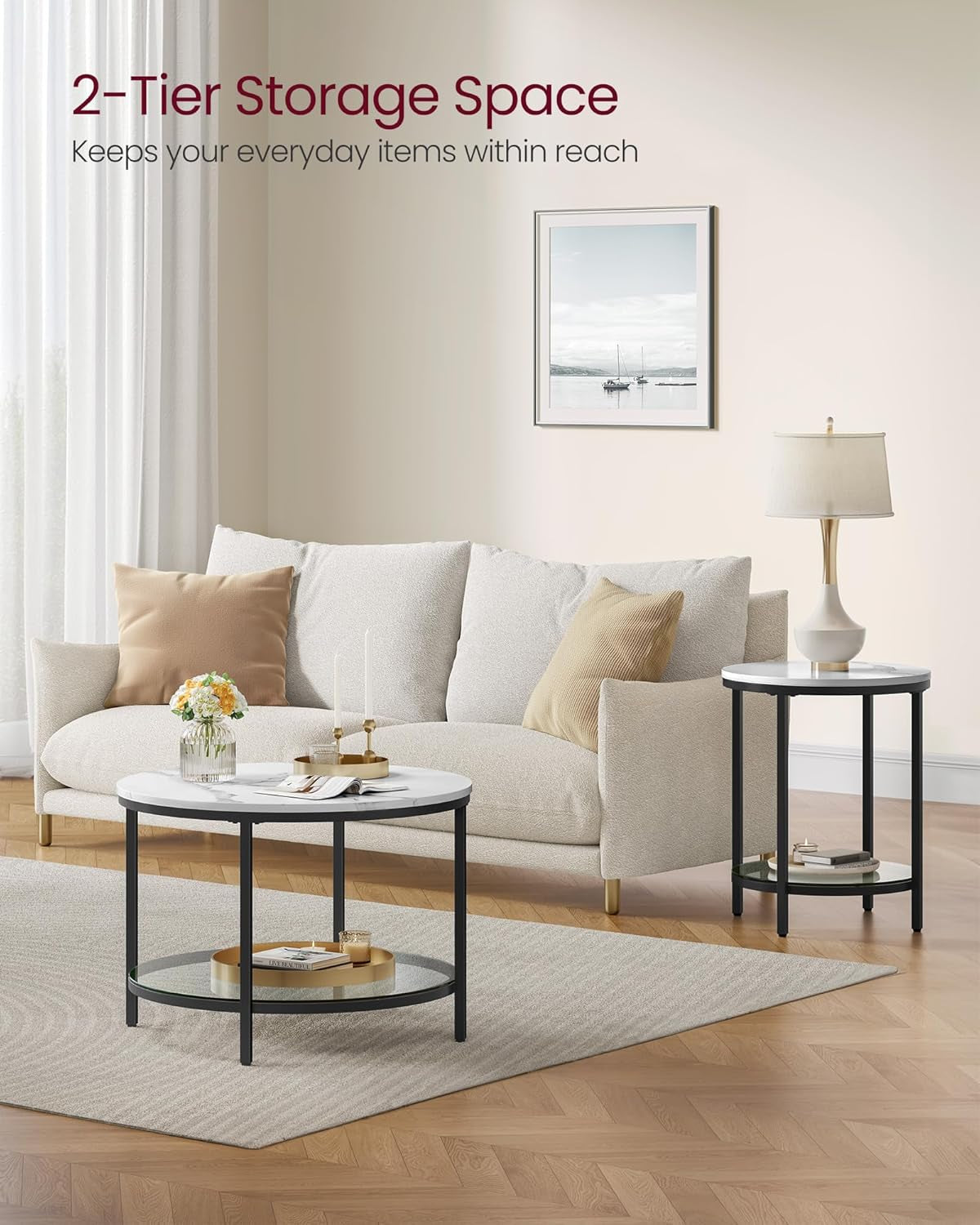 round Coffee Table, 2-Tier Small Coffee Table with Faux Marble Top and Glass Shelf, Modern Style, for Living Room, 25.6 X 25.6 X 18.1 Inches, Marble White and Ink Black ULCT072W13