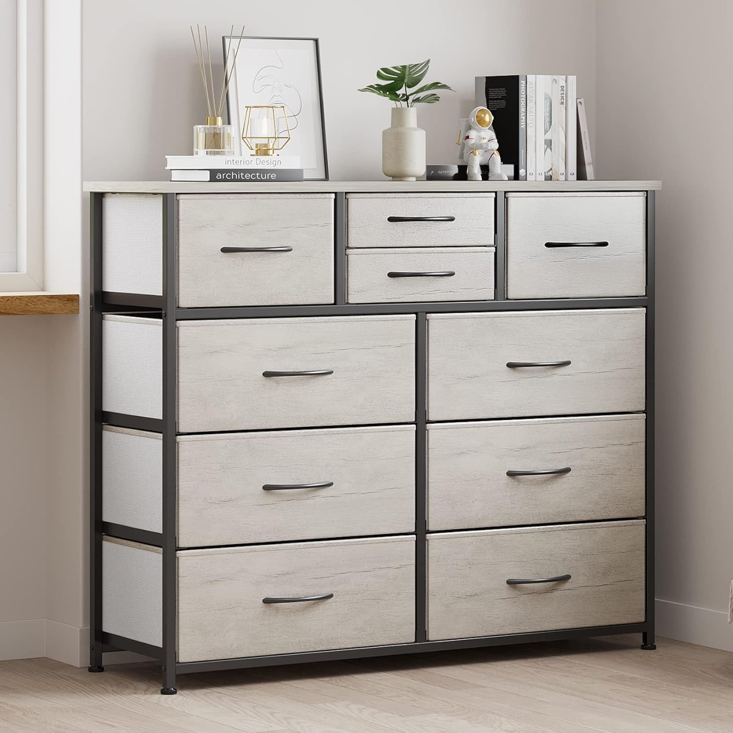 10-Drawer Dresser, Fabric Storage Dresser Drawers for Bedroom, Hallway, Nursery, Closets, Steel Frame, Wood Top, Easy Pull Handle (Greige)