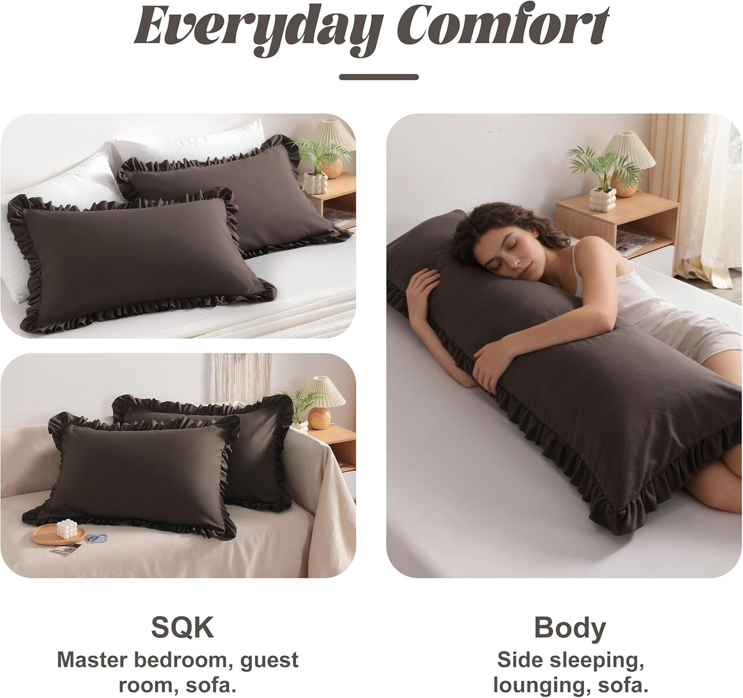 Ruffled Pillow Shams King 20X36 Set of 2, Brushed Microfiber Pillowcases with Envelope Closure, Soft Wrinkle-Resistant, Dark Brown