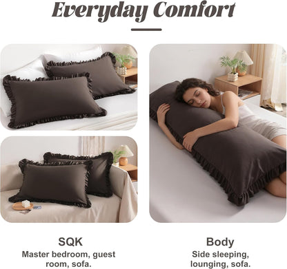 Ruffled Pillow Shams King 20X36 Set of 2, Brushed Microfiber Pillowcases with Envelope Closure, Soft Wrinkle-Resistant, Dark Brown