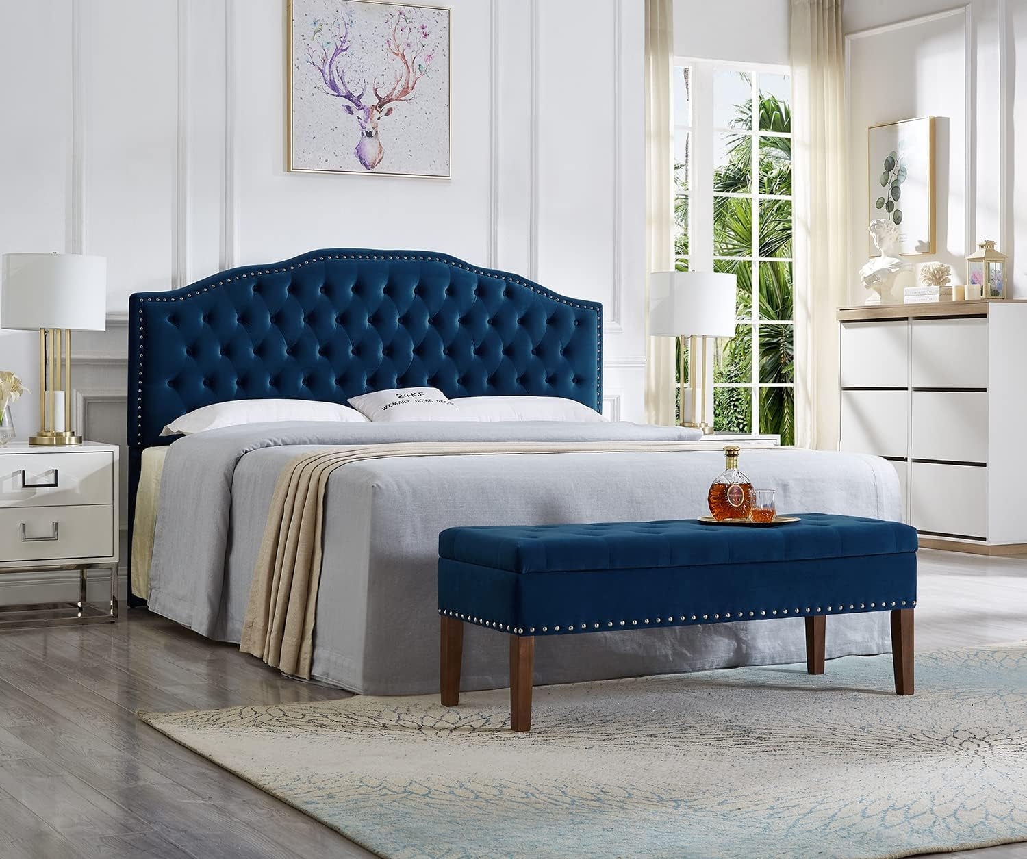 Upholstered Button Tufted King Headboard with Nailhead Trim, Soft Velvet Fabric Headboard King/Ca King - Navy