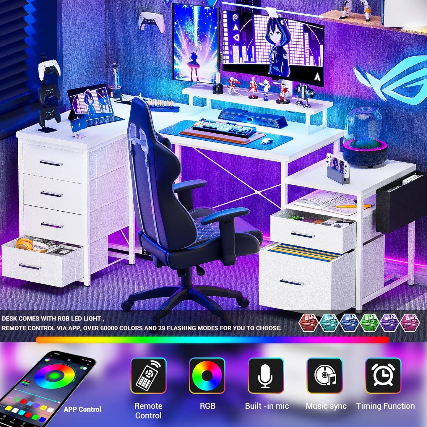 70.8" Reversible L Shaped Computer Desk with Fabric File Drawers, Corner Desks with RGB LED Light & Power Outlets & Monitor Stand, Large Gaming Desk for Home Office Workstation, White