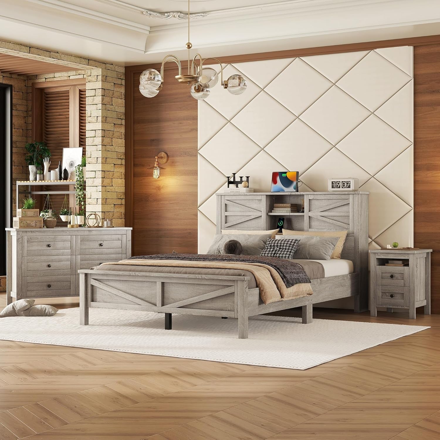 Farmhouse 3-Pieces Bedroom Sets, Queen Size Platform Bed with a Nightstand and 6-Drawer Storage, Wood Platform Bed with Double Sliding Door Storage Headboard and Charging Station (Antique Gray-3)
