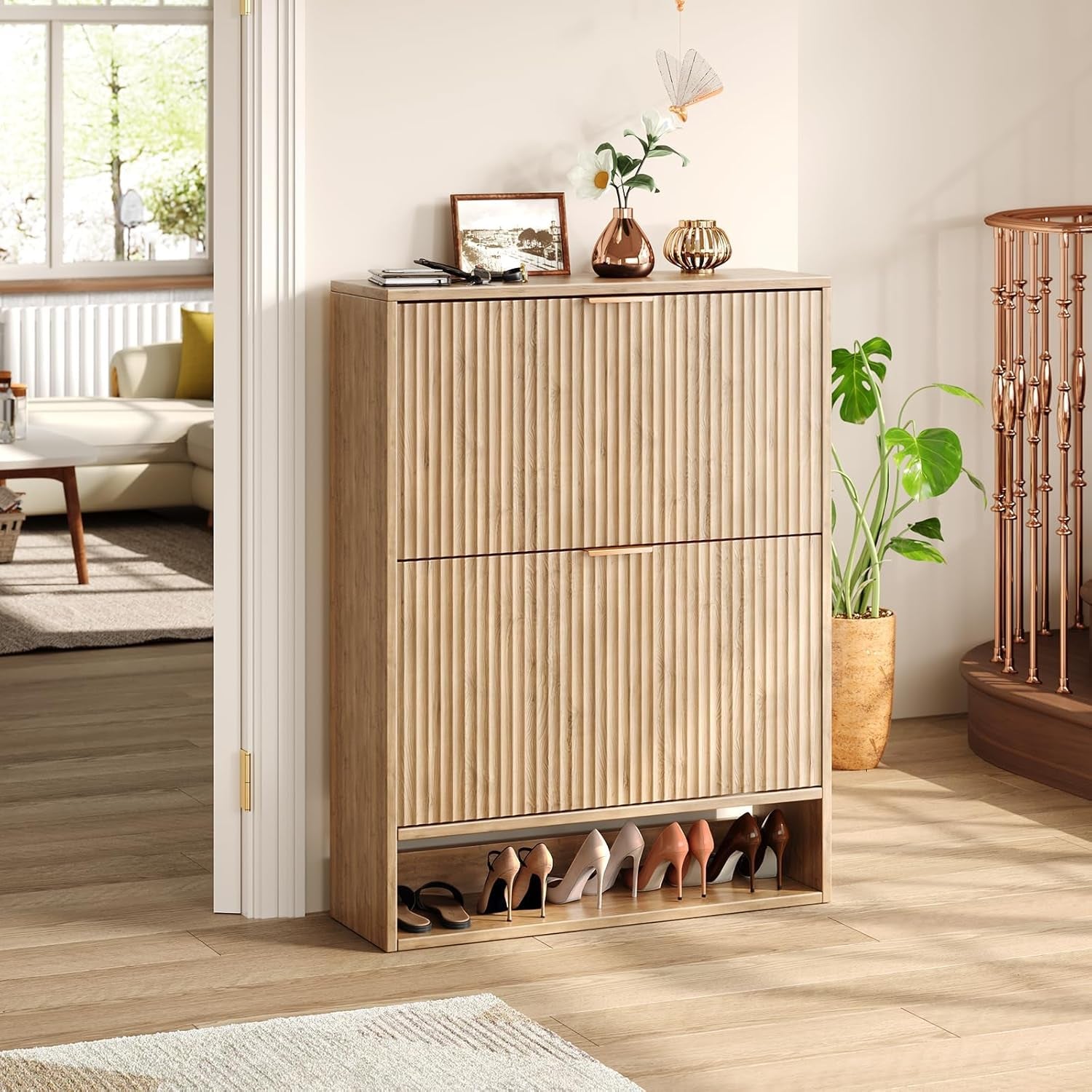 31.5''W Oak Shoe Storage Cabinet for Entryway with 2 Flip Drawers, Narrow Wood Fluted Shoe Rack Cabinet,Freestanding Slim Shoe Organizer Cabinet for Foyer, Hallway