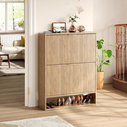 31.5''W Oak Shoe Storage Cabinet for Entryway with 2 Flip Drawers, Narrow Wood Fluted Shoe Rack Cabinet,Freestanding Slim Shoe Organizer Cabinet for Foyer, Hallway