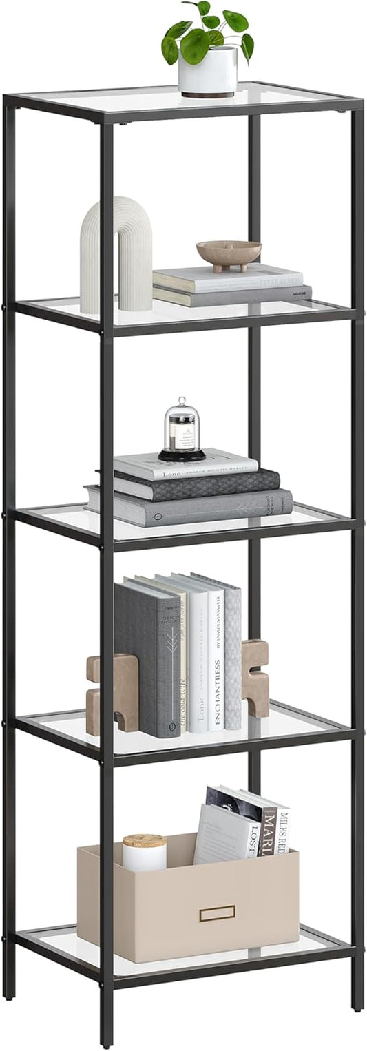 Bookcase, 5-Tier Bookshelf, Slim Shelving Unit for Bedroom, Bathroom, Home Office, Tempered Glass, Steel Frame, Ink Black ULGT029B61