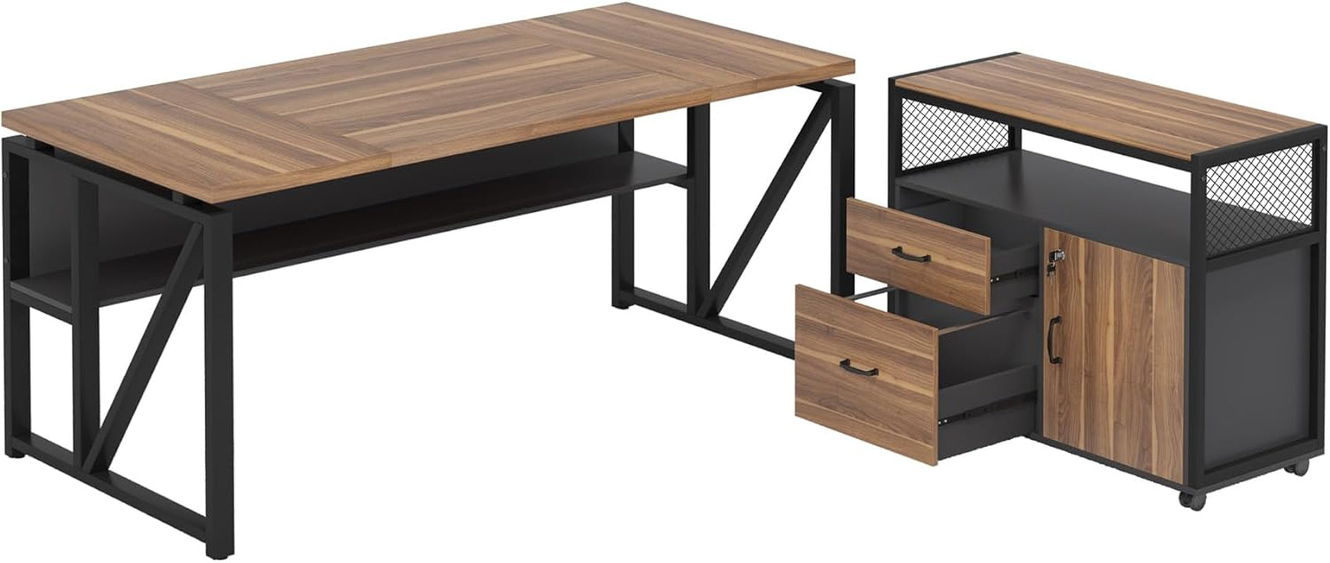63" Executive Desk with Reversible File Cabinet, Large L-Shaped Office Desk with Drawers, Business Furniture Workstation for Home Office