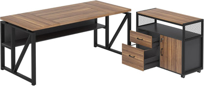 63" Executive Desk with Reversible File Cabinet, Large L-Shaped Office Desk with Drawers, Business Furniture Workstation for Home Office