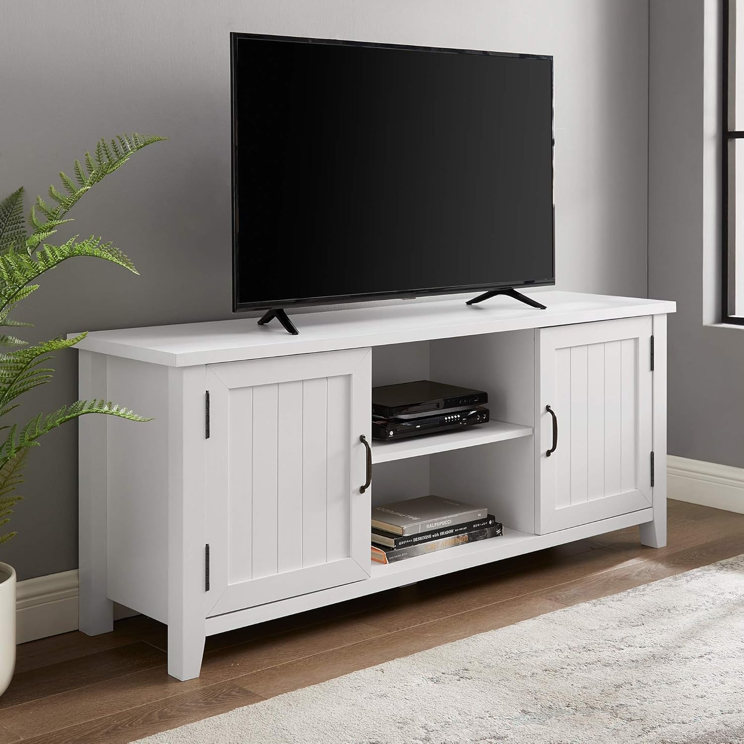 Buren Classic Grooved Door TV Stand for Tvs up to 65 Inches, 58 Inch, Solid White