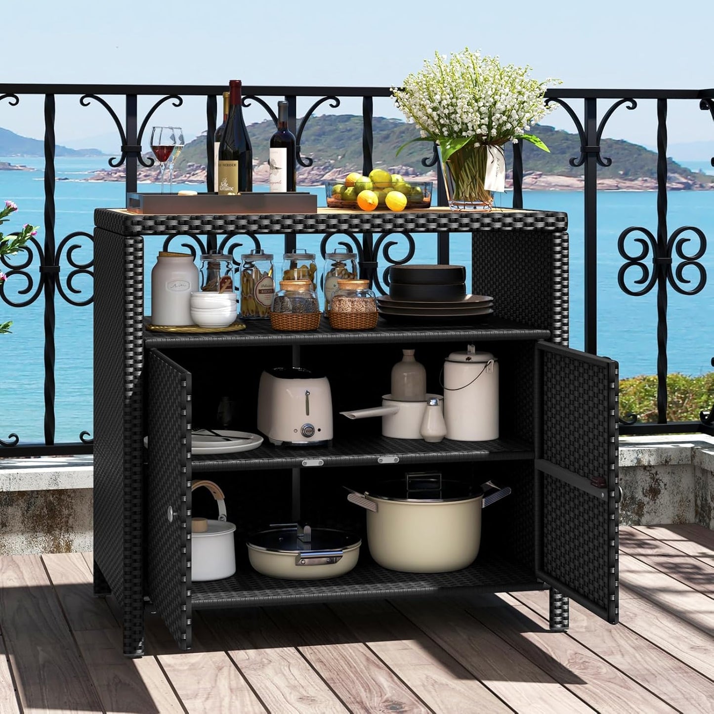 Wicker Outdoor Bar Cabinet - PE Rattan Patio Bar Table W/Acacia Wood Countertop, Open Shelf & 2 Doors, Buffet Sideboard Organizer for Garden Backyard Pool, outside Storage Cabinet (Black)