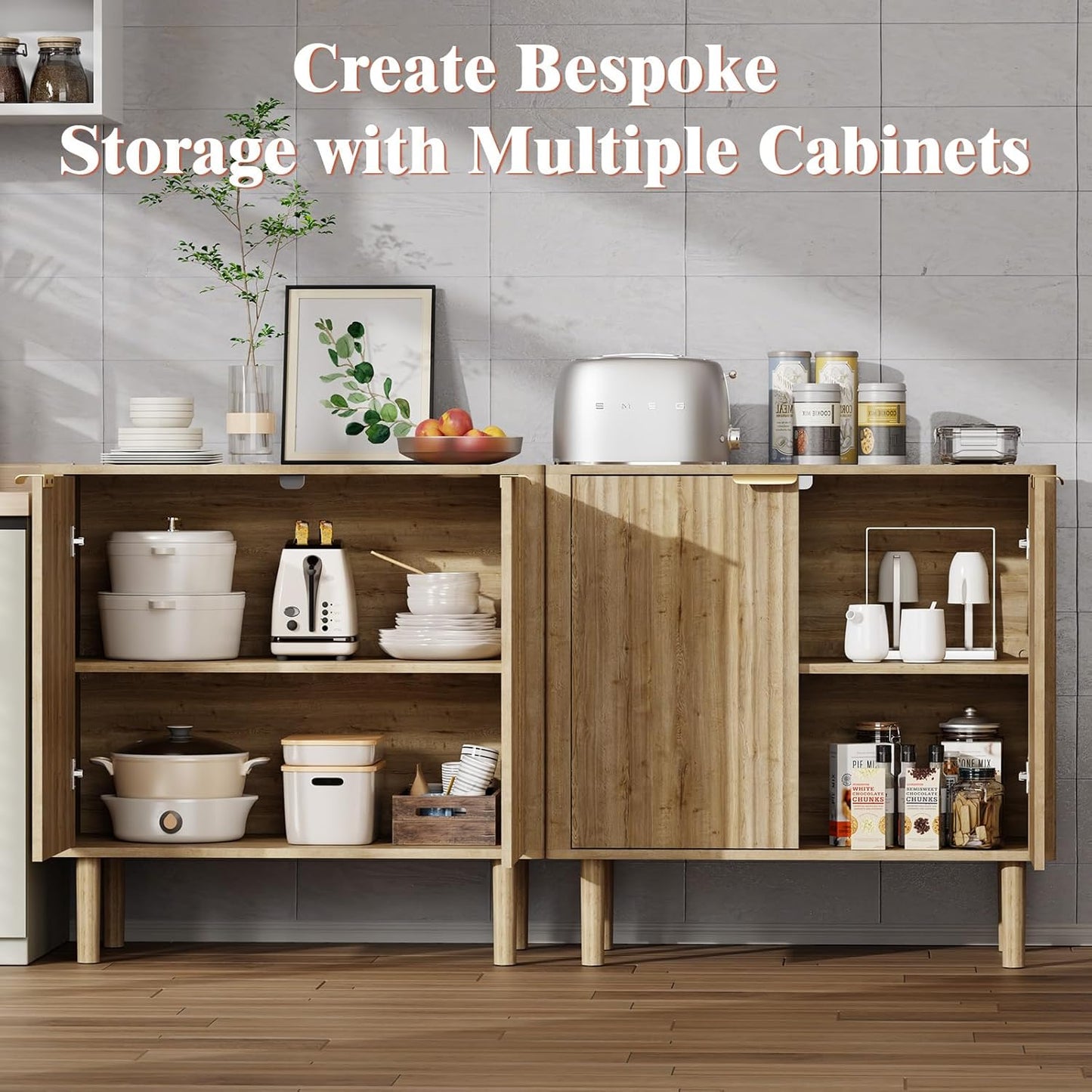 Sideboard Buffet Cabinet with Storage, Modern Fluted Accent Credenza with Doors & Adjustable Shelves, Wood Coffee Bar Console Table for Living Room, Dining Room, Kitchen or Entryway 31.5" Oak