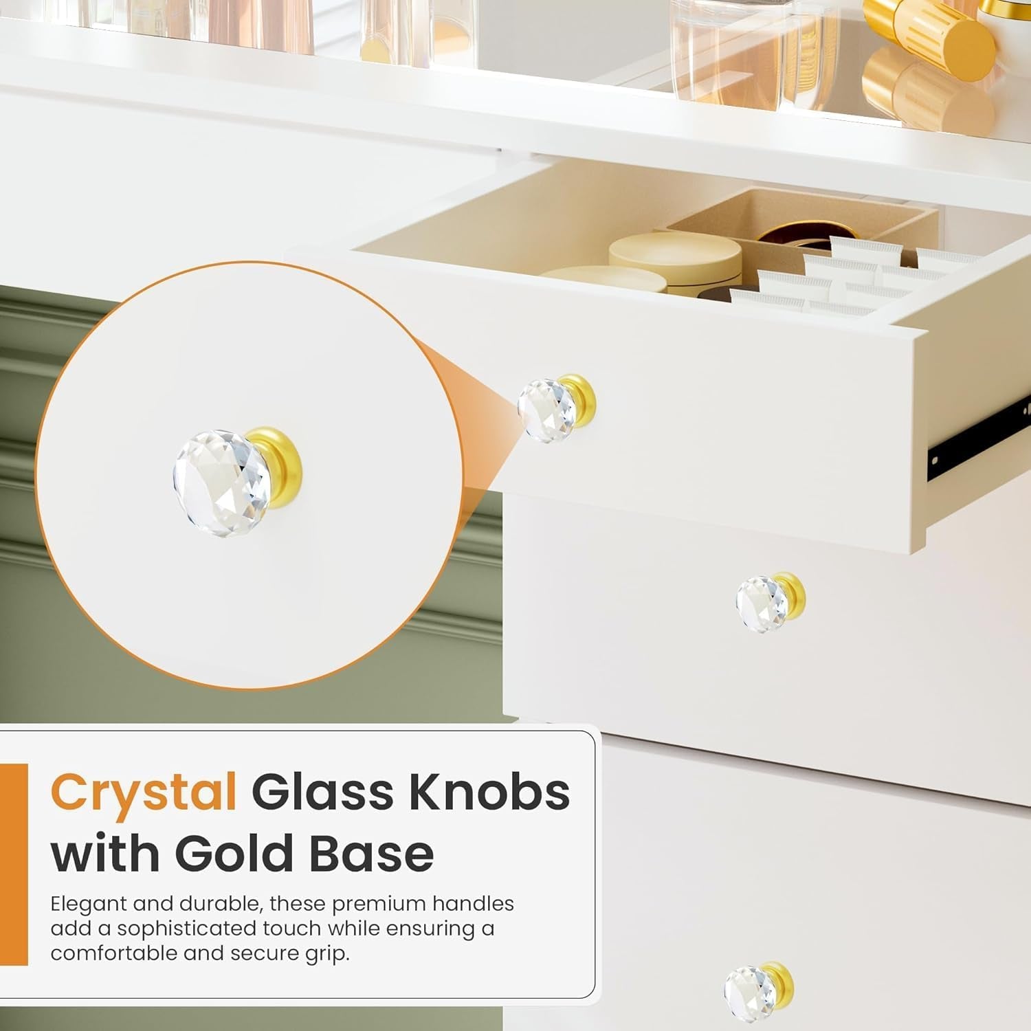 Glass Top Vanity Desk with Crystal Handles and 11 Drawers, Makeup Vanity with Mirror and Lights, 3 Lighting Modes Dressing Table, Power Outlet, Silent Slides, White