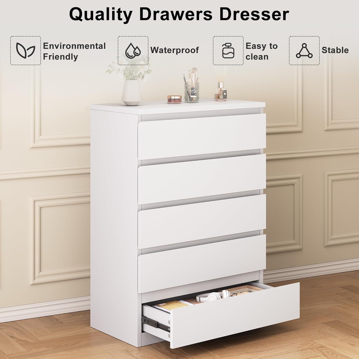 White 5 Drawer Dresser for Bedroom, 15" D X 23.7" W X 40.4" H in Simply Modern Chest of Drawers, Wood Storage Dresser with Deep Drawers for Living Room Hallway Entryway, White
