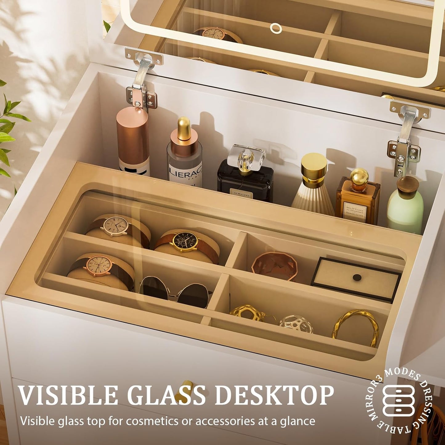 Makeup Vanity Desk with Mirror and Lights, Small 3 in 1 Vanity Table with Visible Glass Top, Flip Top & 3 Drawers, Compact Dresser with Storage Stool for Bedroom, Office or Nightstand