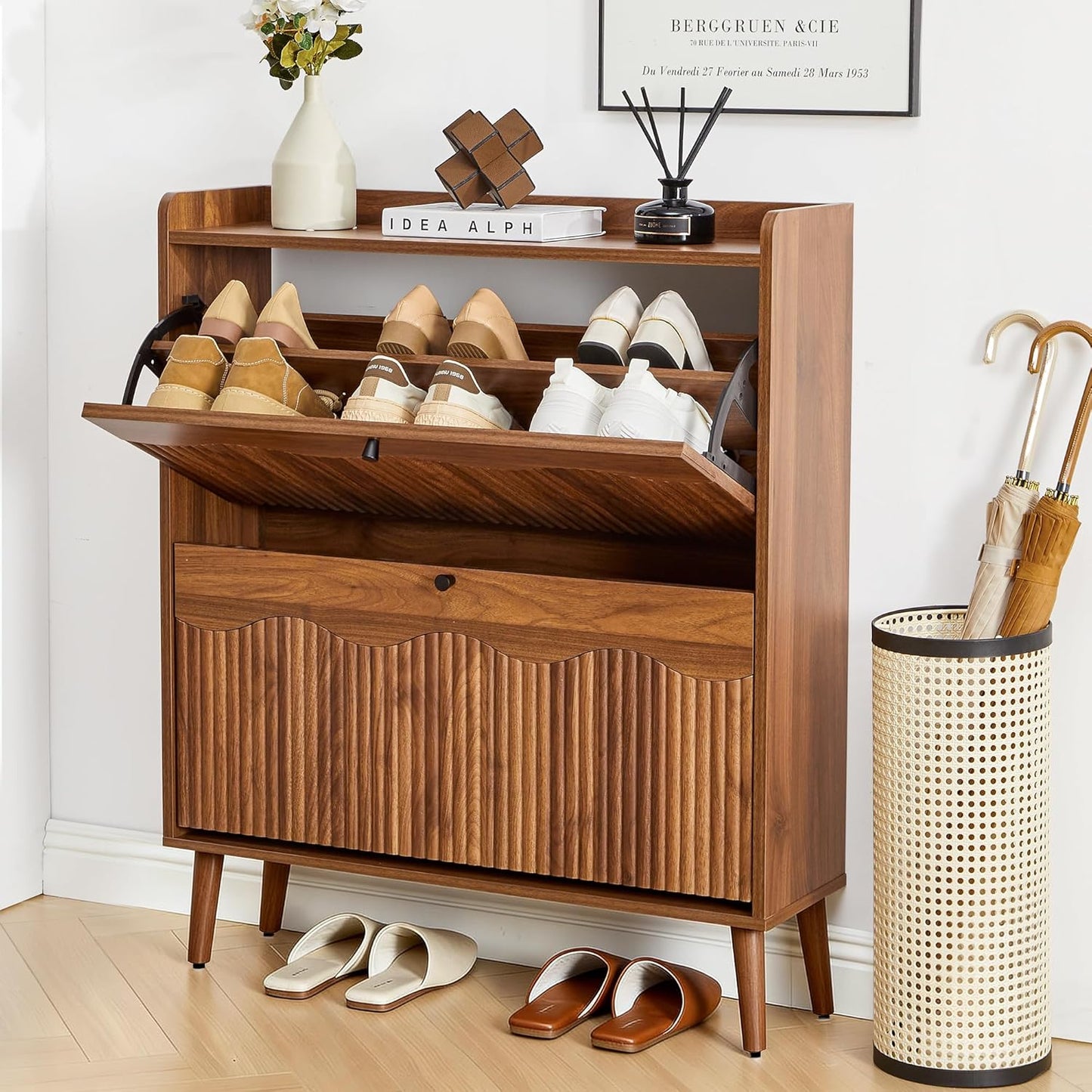 31.5" Fluted Shoe Storage Cabinet with 2 Flip Drawers, Narrow Shoe Storage Organizer Rack with Wave Door for Entryway, Hallway, Living Room