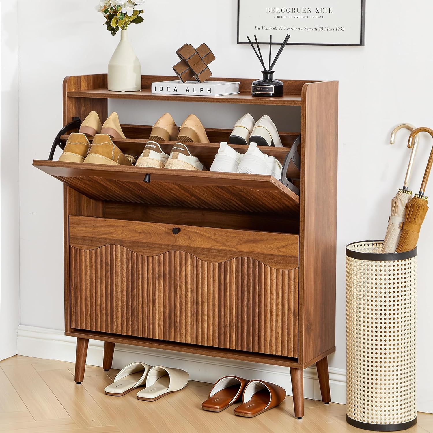 31.5" Fluted Shoe Storage Cabinet with 2 Flip Drawers, Narrow Shoe Storage Organizer Rack with Wave Door for Entryway, Hallway, Living Room