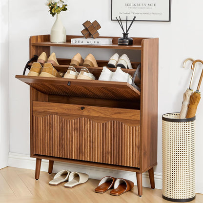 31.5" Fluted Shoe Storage Cabinet with 2 Flip Drawers, Narrow Shoe Storage Organizer Rack with Wave Door for Entryway, Hallway, Living Room