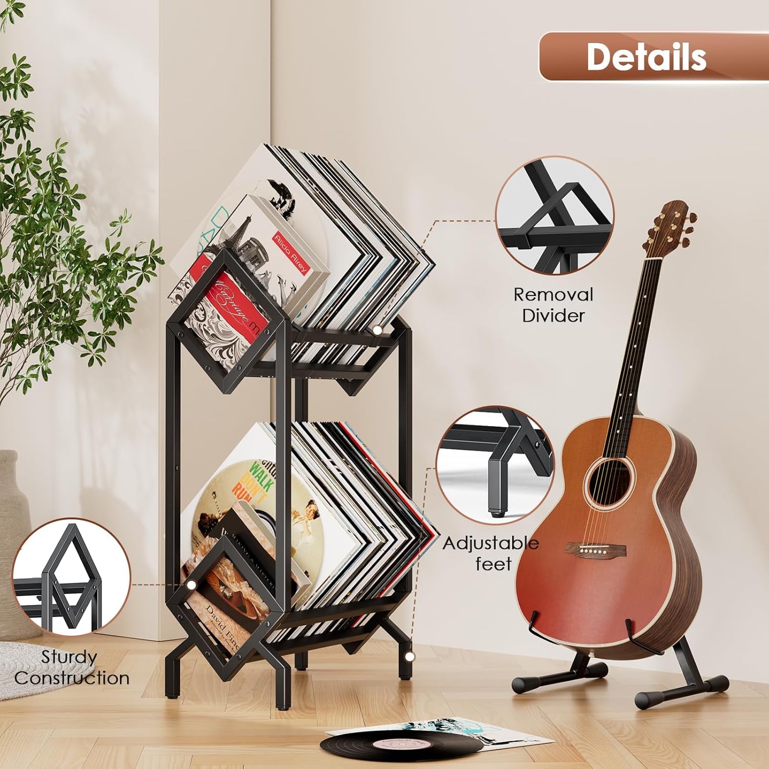 Vinyl Record Storage Rack, Record Holder 160-200 LP Storage Shelf Display Stand for Albums Books Magazines Files, Matte Black