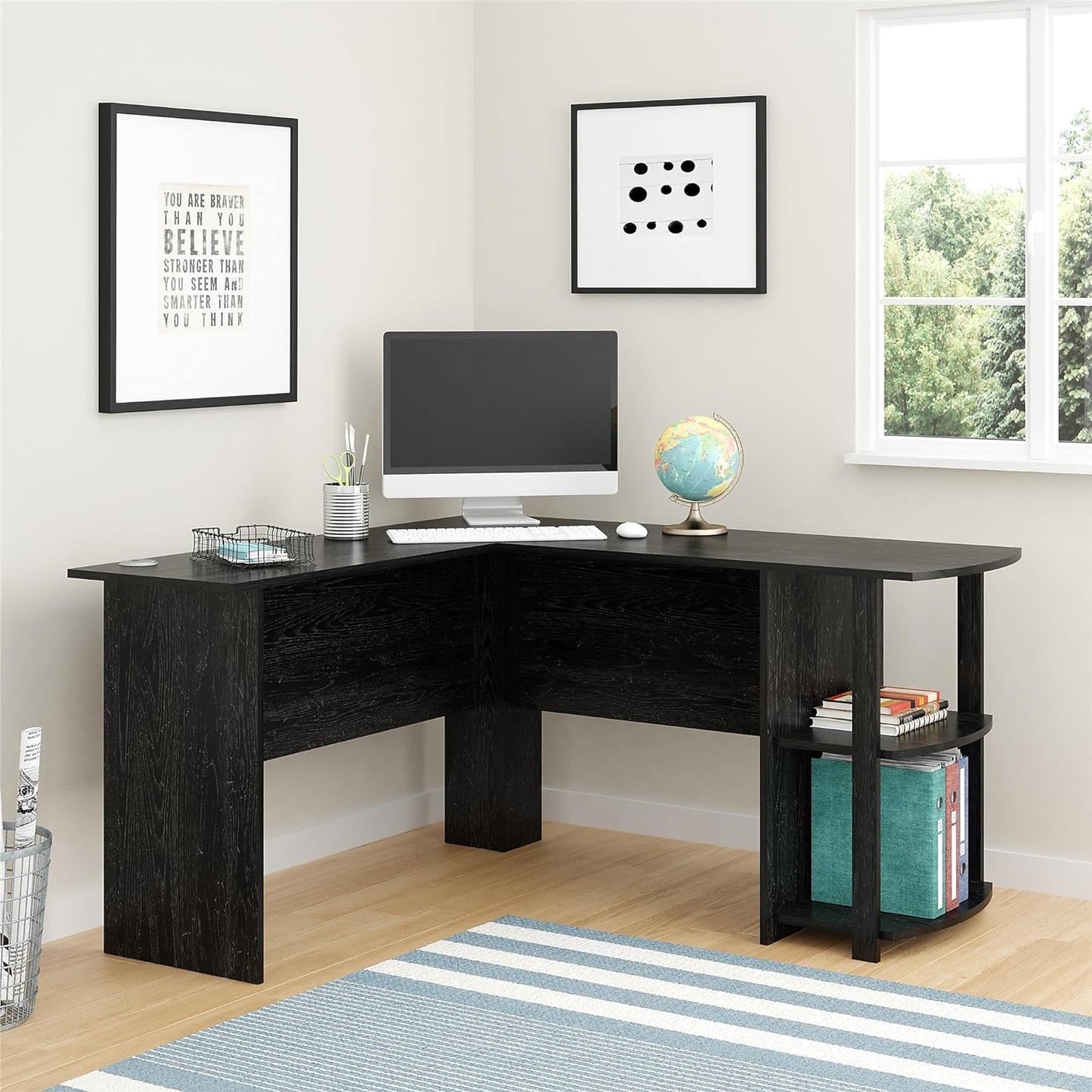 Dakota L-Desk with Bookshelves, Black Oak