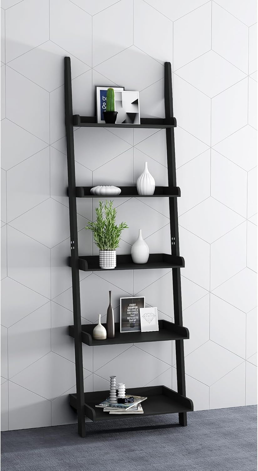 Modern 5 Tier Leaning Wall Ladder Bookshelf Organizer, Storage Rack, 70 Inches, Black