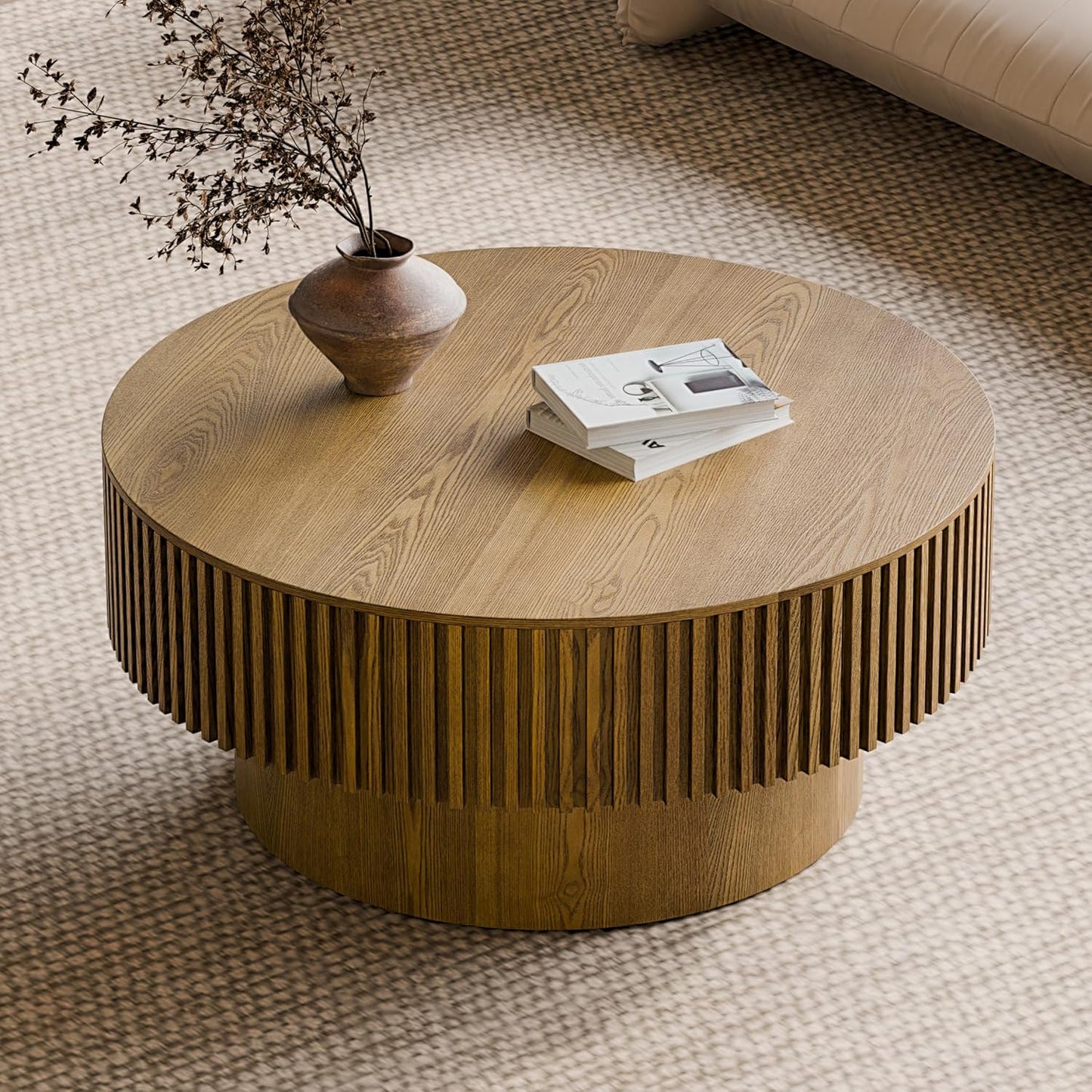 Round Coffee Table with Storage, Modern Wooden Coffee Table with Solid Wood Veneered, Circle Center Table Accent Tea Table for Living Room Apartment Small Space (31.5''L × 31.5''W × 14''H, Brown)