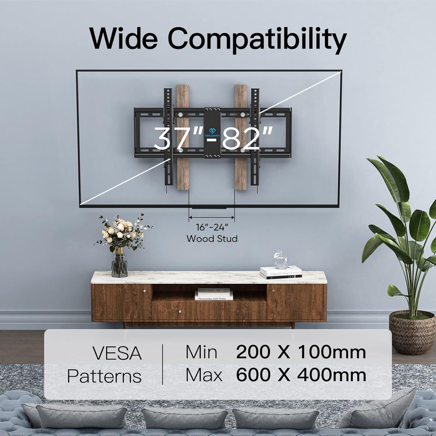 UL Listed TV Mount for Most 37-82 Inch TV, Universal Tilt TV Wall Mount Fits 16”- 24” Wood Stud with Loading 132 Lbs & Max VESA 600X400Mm, Low Profile Flat Wall Mount Bracket PSLTK1