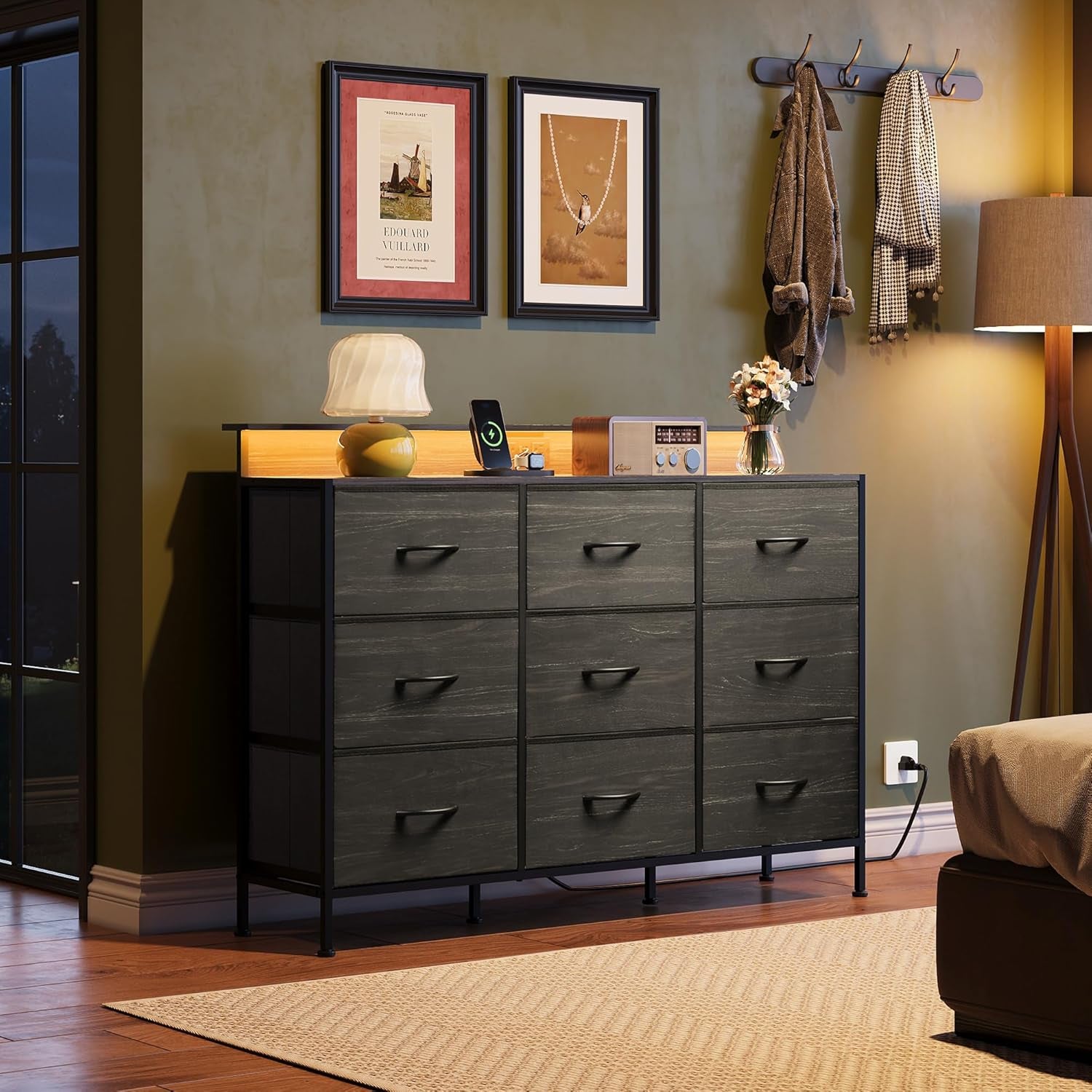 Black Dresser TV Stand for 45, 50, 55 Inch TV, Entertainment Center with LED Lights & Charging Station, Chest of Drawers with 9 Fabric Drawers and Open Shelves for Living Room, Hallway, Wood Top