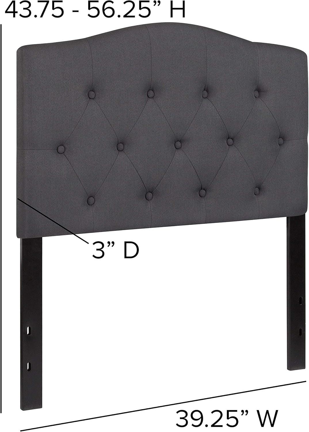 Twin Size Tufted Upholstered Headboard with Adjustable Metal Bed Rail Slots, Modern Fabric Upholstered Twin Headboard, Dark Gray
