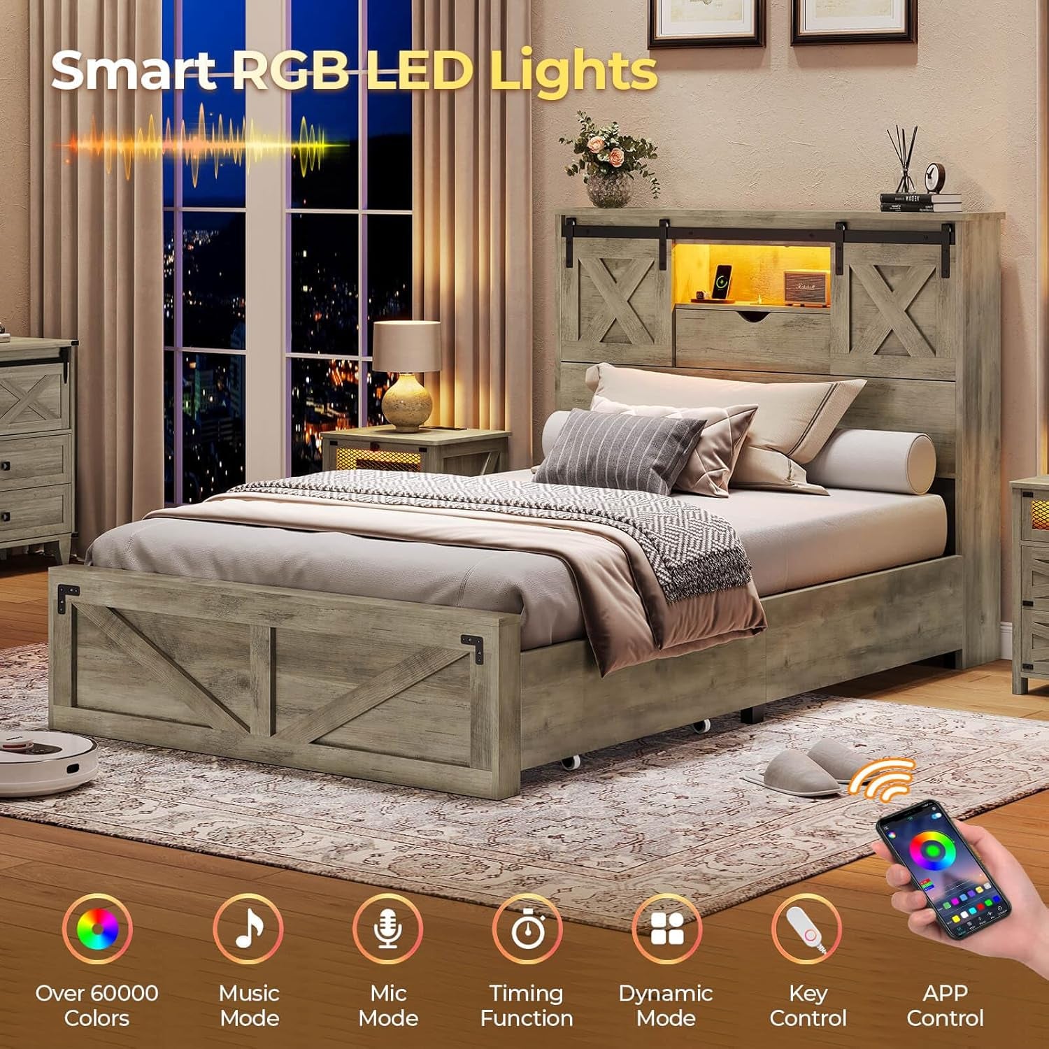 Farmhouse Bed Frame Twin Size with 2 Storage Drawers, Wooden Platform Twin Bed with LED Lights and Charging Station, Rustic Accent Headboard with Sliding Barn Door Storage Cabinets