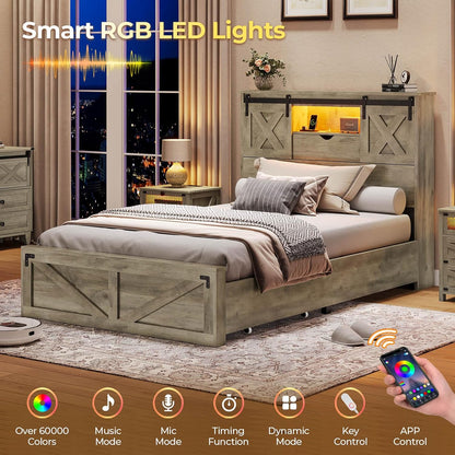 Farmhouse Bed Frame Twin Size with 2 Storage Drawers, Wooden Platform Twin Bed with LED Lights and Charging Station, Rustic Accent Headboard with Sliding Barn Door Storage Cabinets