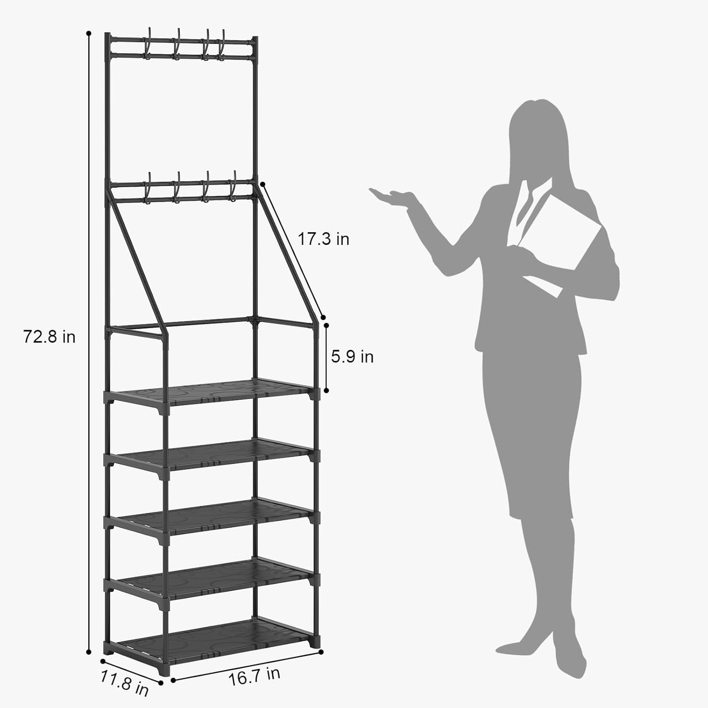 Coat Rack with Shoe Storage, Space-Saving Entryway Coat Shoe Rack, Easy Assembly Hall Tree, Multifunctional Storage Solution，Black