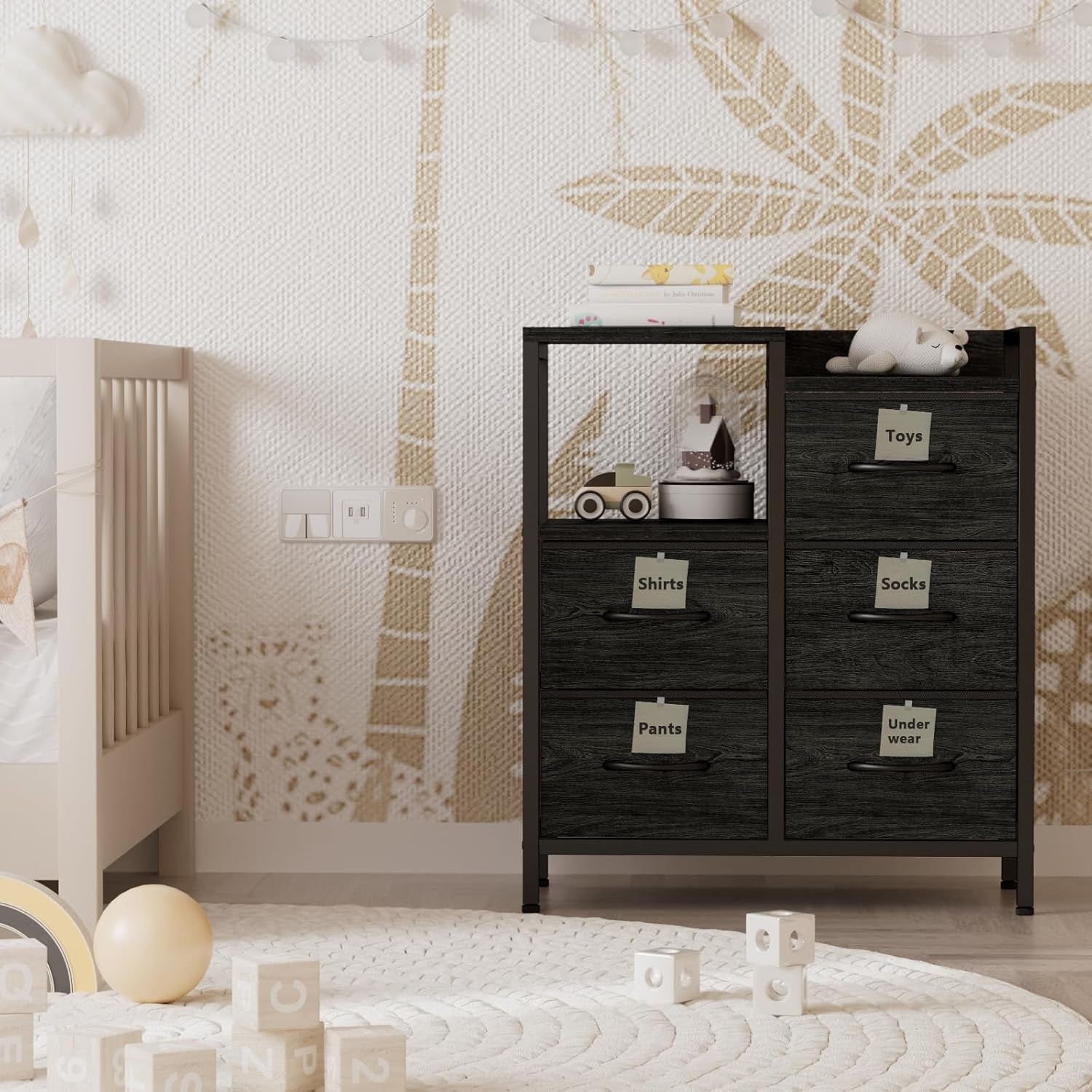 5 Drawer Black Dressers for Bedroom 2 Tier Shelf Storage Small Fabric Dresser for Closet Sturdy Metal Frame Modern Style Storage Cabinets Organization Units for Hallway Rooms
