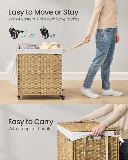 Laundry Hamper with Lid, 38.3 Gallons (145 L), Rolling Laundry Basket with Wheels, 2-Section Synthetic Rattan, Removable Liner, Bedroom, 21.7 X 15.7 X 26 Inches, Natural Color ULCB262Y01