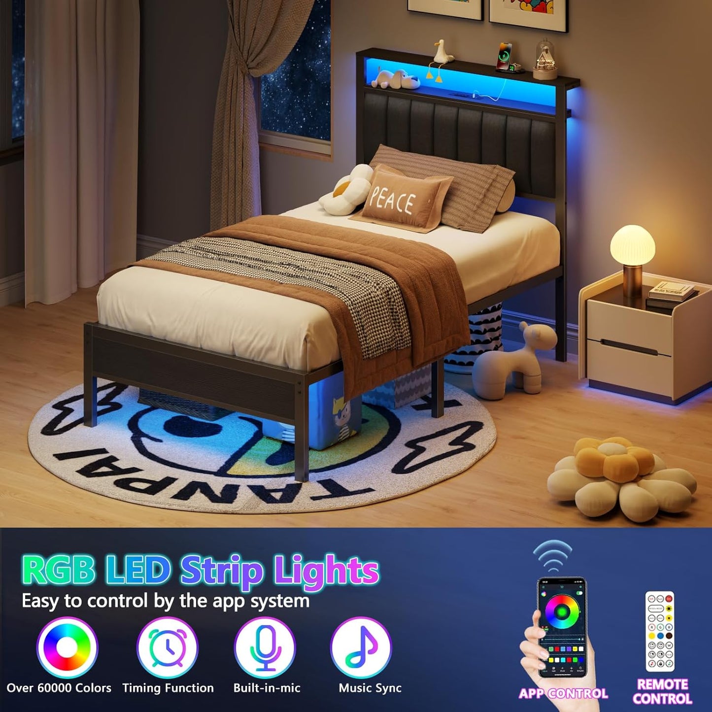 Twin Size Bed Frame with Charging Station and LED Lights, Platform Bed with Metal Slats, Grey Upholstered Headboard with 2-Tier Storage Shelves, No Box Spring Needed