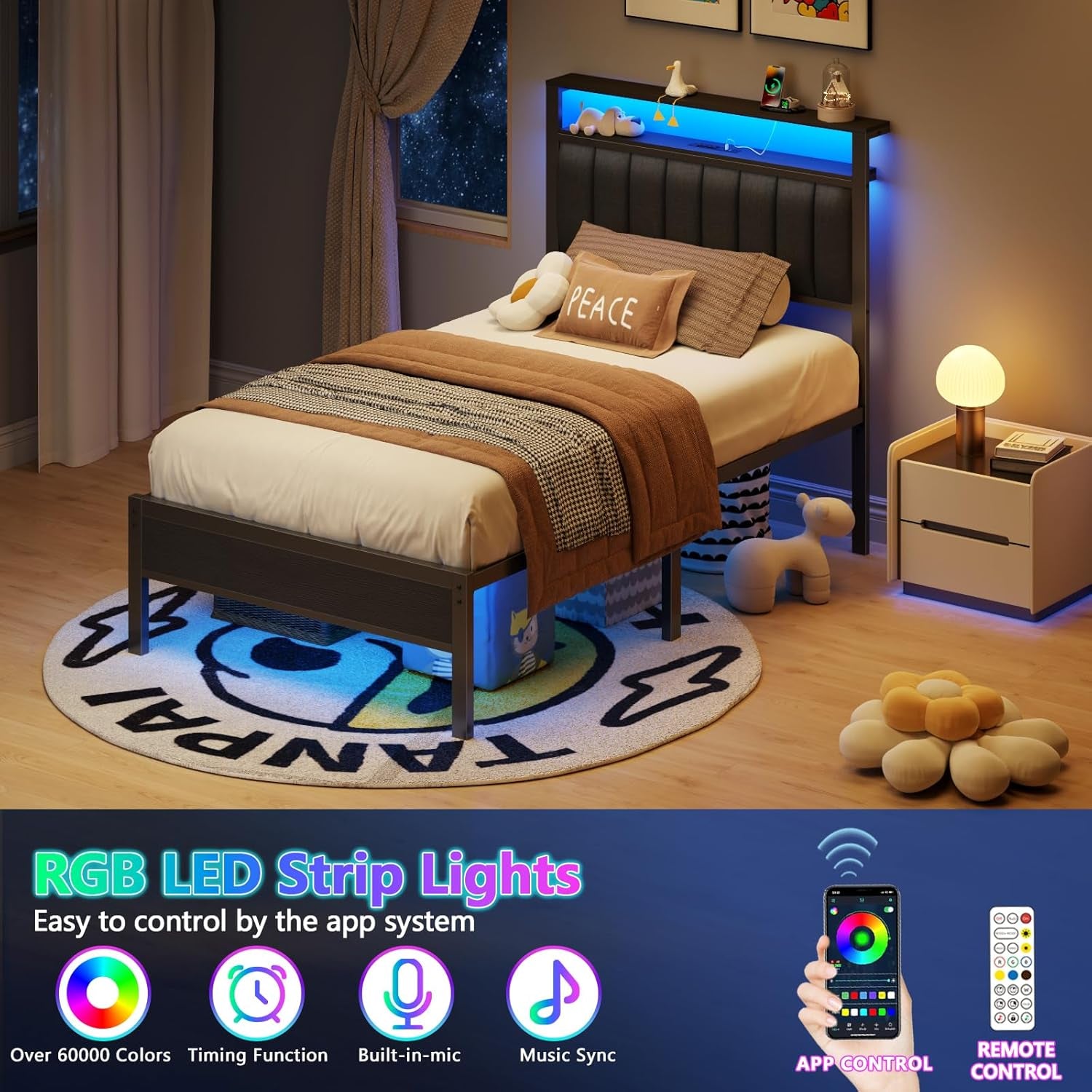 Twin Size Bed Frame with Charging Station and LED Lights, Platform Bed with Metal Slats, Grey Upholstered Headboard with 2-Tier Storage Shelves, No Box Spring Needed