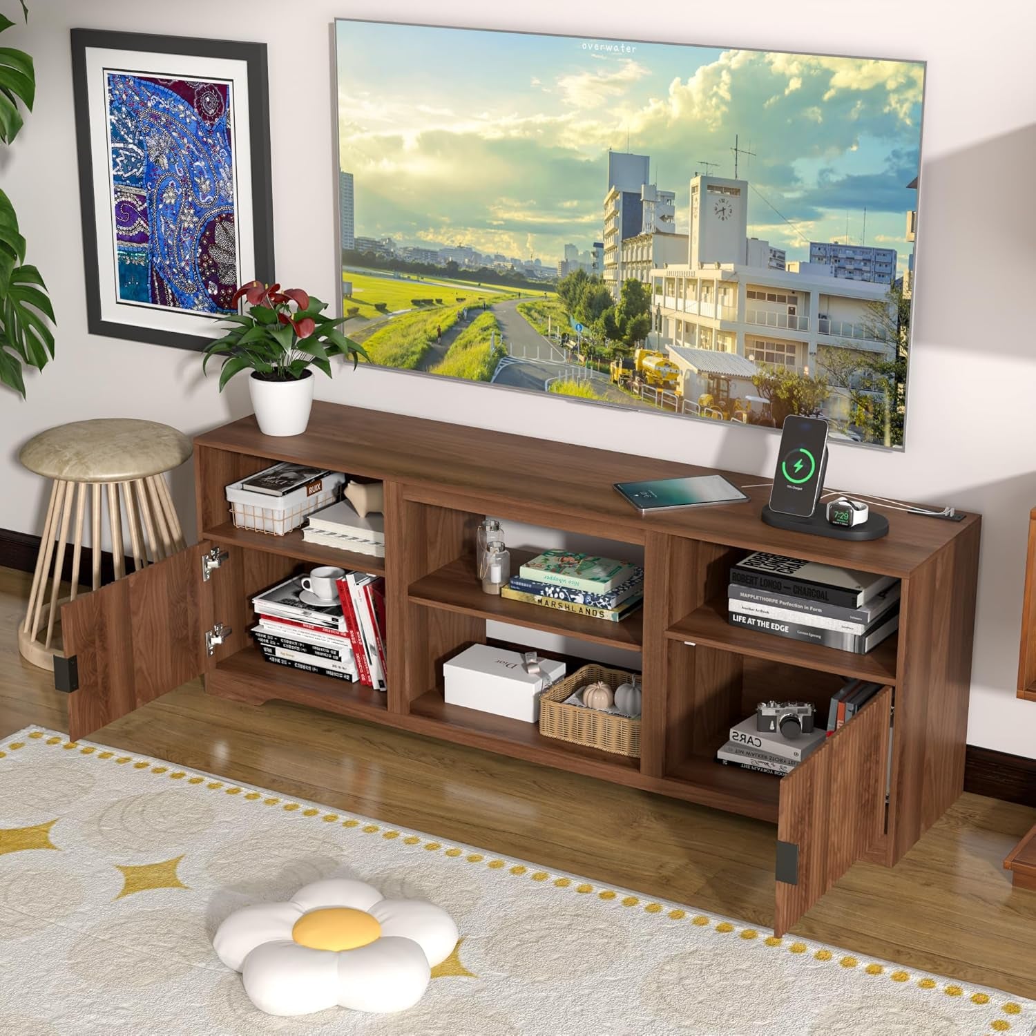 Fluted TV Stand for Tvs up to 80",Mid Century Modern TV Stand with Open Adjustable Shelf,Entertainment Center Wood TV Media Console with Cord Holes for Living Room Furniture Bedroom,Walnut