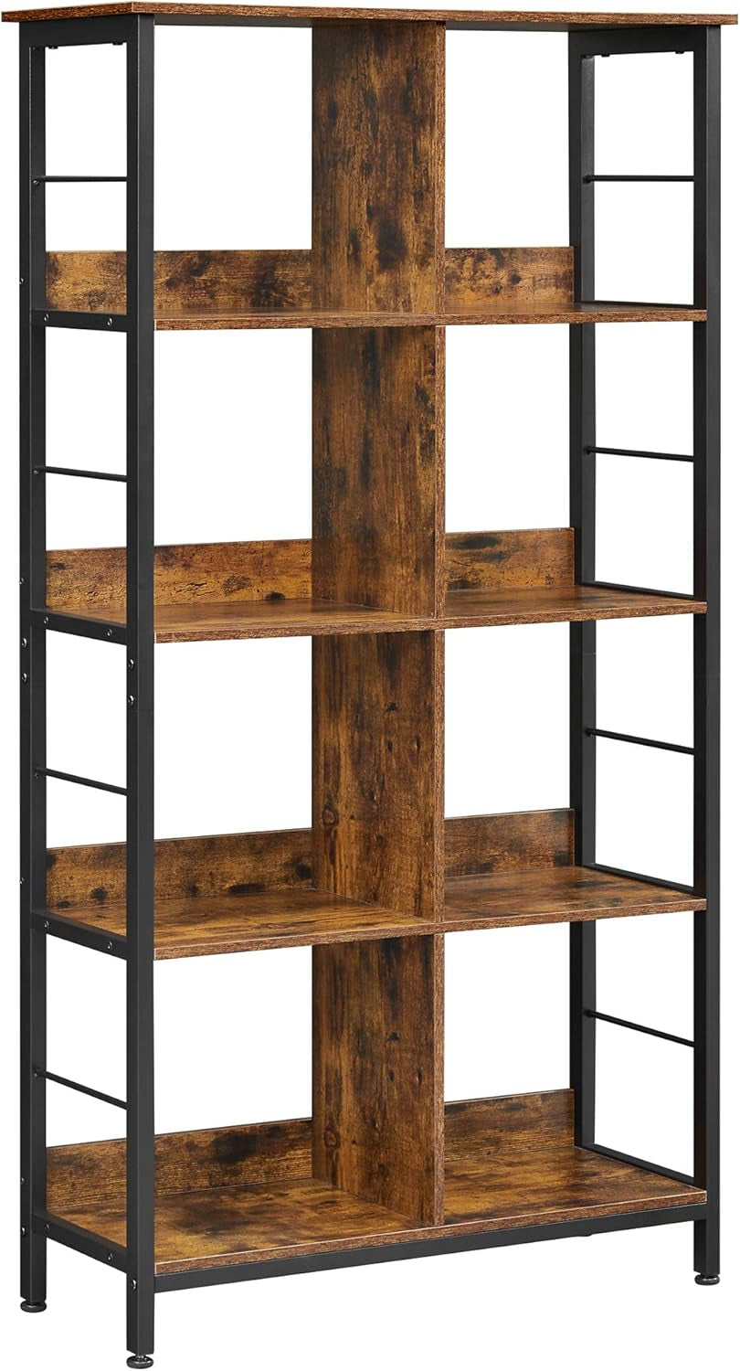 Industrial 8-Compartment Bookshelf, 4-Tier Bookcase with 8 Open Slots, Display Storage Rack, for Office, Living Room, Bedroom, 31.5 X 13 X 58.7 Inches, Rustic Brown and Black ULLS105B01