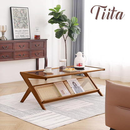 Rattan Coffee Table, Bamboo Accent Bedside Tables, Glass Nightstand Side Table, Boho Wooden End Table with Storage for Living Room,Living Room, Dining Room, Tea, Home Décor