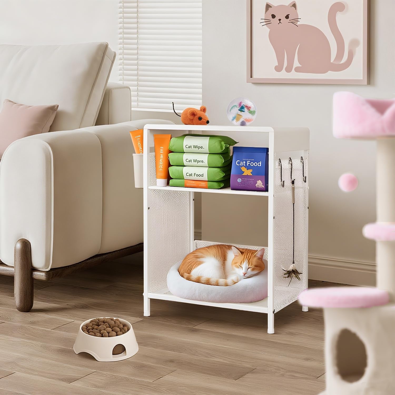 Nightstand, End Table with Hooks and Holder, Kids Nightstand for Bedroom, Toddler Bedside Table, Small Pink Desk for Girls, Coffee Table for Living Room, Dorm, Office (White)