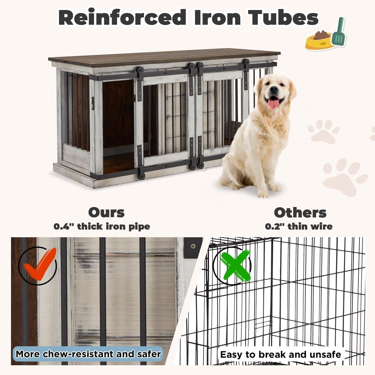 62.5'' Large Dog Crate Furniture, Solid Wood Furniture Style Dog Crate with Removable Divider, Bite Resistant Dog Kennel Indoor, Dog Cage with Sliding Barn Door Design（White）