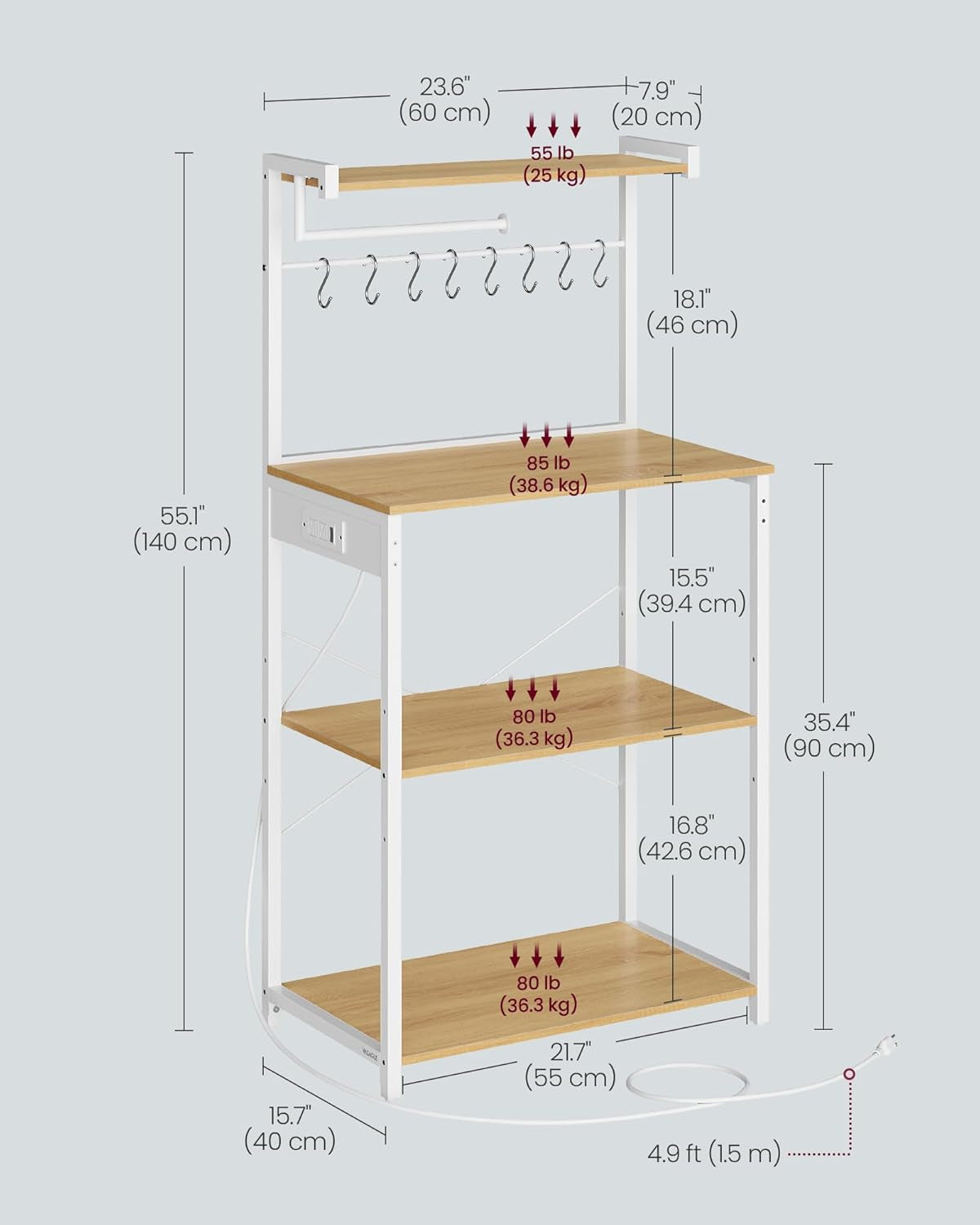 Kitchen Bakers Rack with Power Outlet, Coffee Bar 4-Tier with 8 S Hooks, Microwave Stand, Adjustable Shelf, for Small Spaces, Golden Oak and Cloud White UKKS014Y01V1