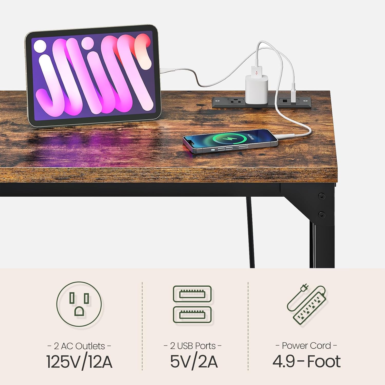 70.9'' Bar Table, Kitchen Dining Table with Power Outlet and Footrest, Industrial Style, for Pub, Living Room, Rustic Brown and Black TBT08UBF