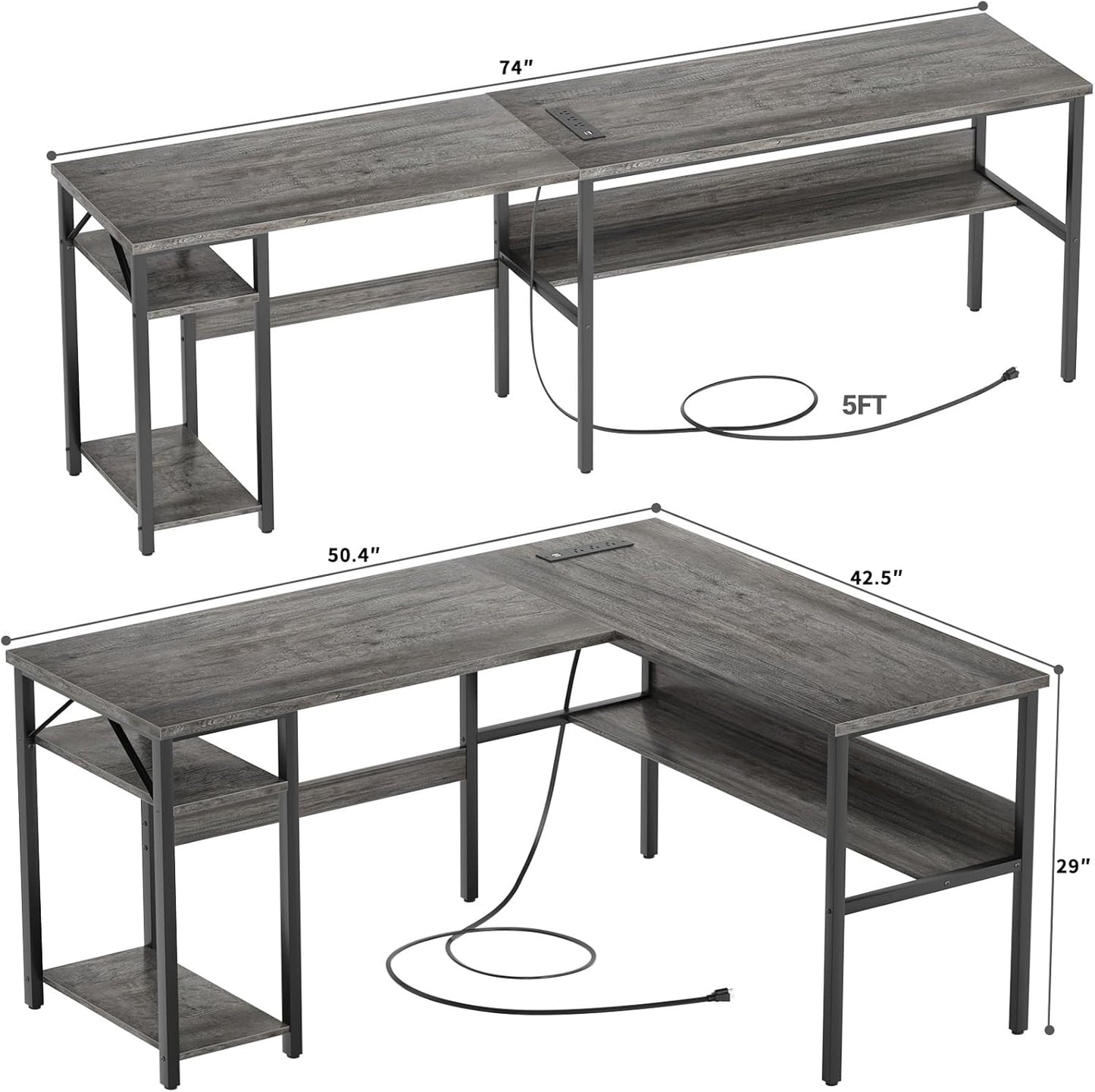 Reversible L Shaped Gaming Desk with Power Outlets and USB Charging Ports, Sturdy Computer Desk with Storage Shelf, Modern Corner Desk Home Office Table, Easy to Assemble, Gray Oak
