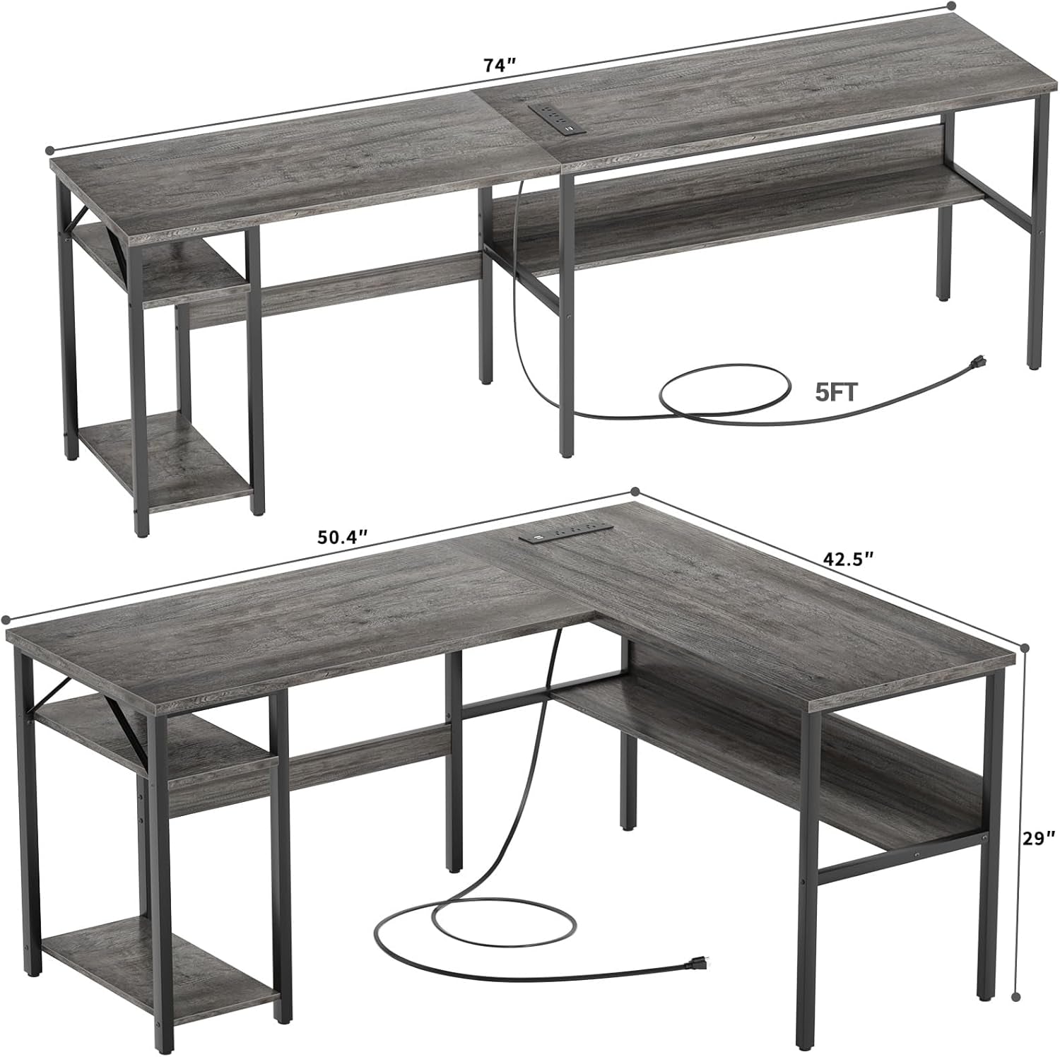 Reversible L Shaped Gaming Desk with Power Outlets and USB Charging Ports, Sturdy Computer Desk with Storage Shelf, Modern Corner Desk Home Office Table, Easy to Assemble, Gray Oak
