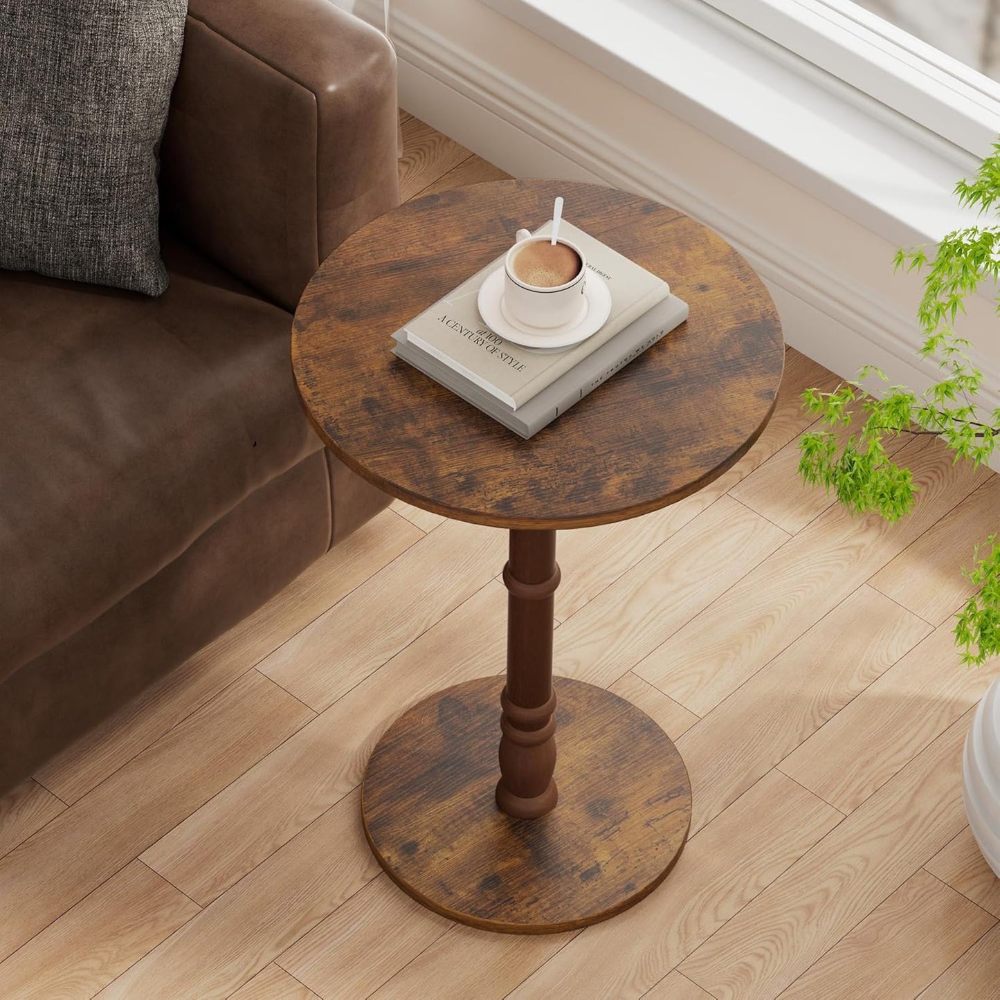 Round Side Table, Solid Wood Pillar, Large 15.7" Top, Small Accent Table for Living Room, Bedroom, Sofa, Entryway & Office, Easy Assembly, Rustic Brown