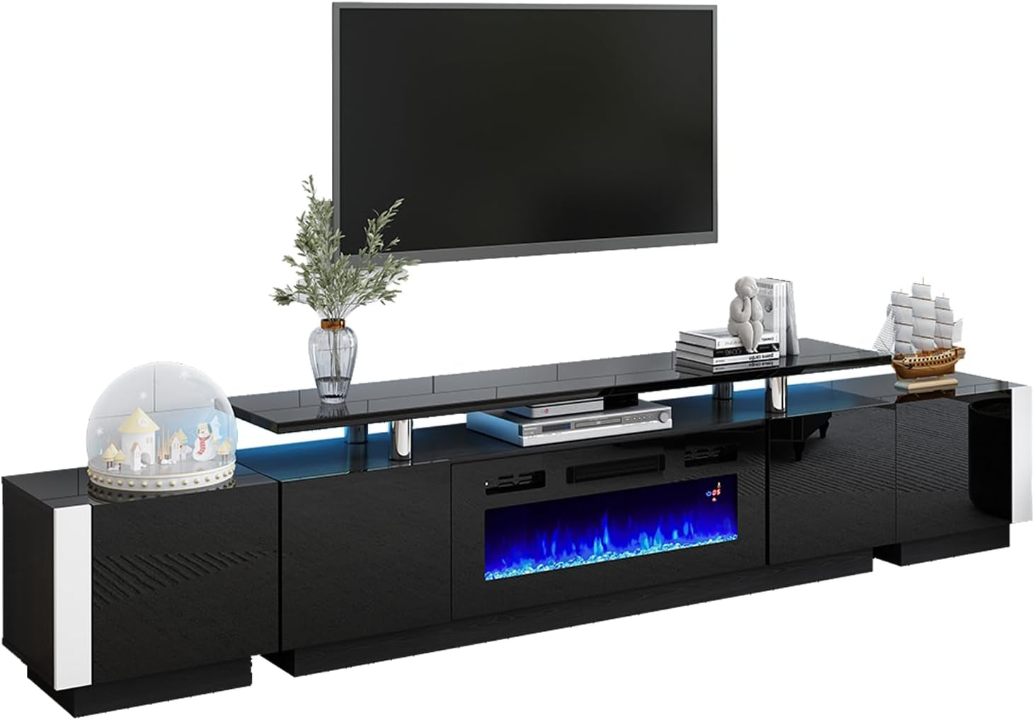 110" Large Fireplace TV Stand Set with 36" Electric Fireplace, Includes 70" 2-Tier Fireplace TV Stand, 2 X End Tables, Modern High Gloss TV Console with LED Light for Living Room, Black
