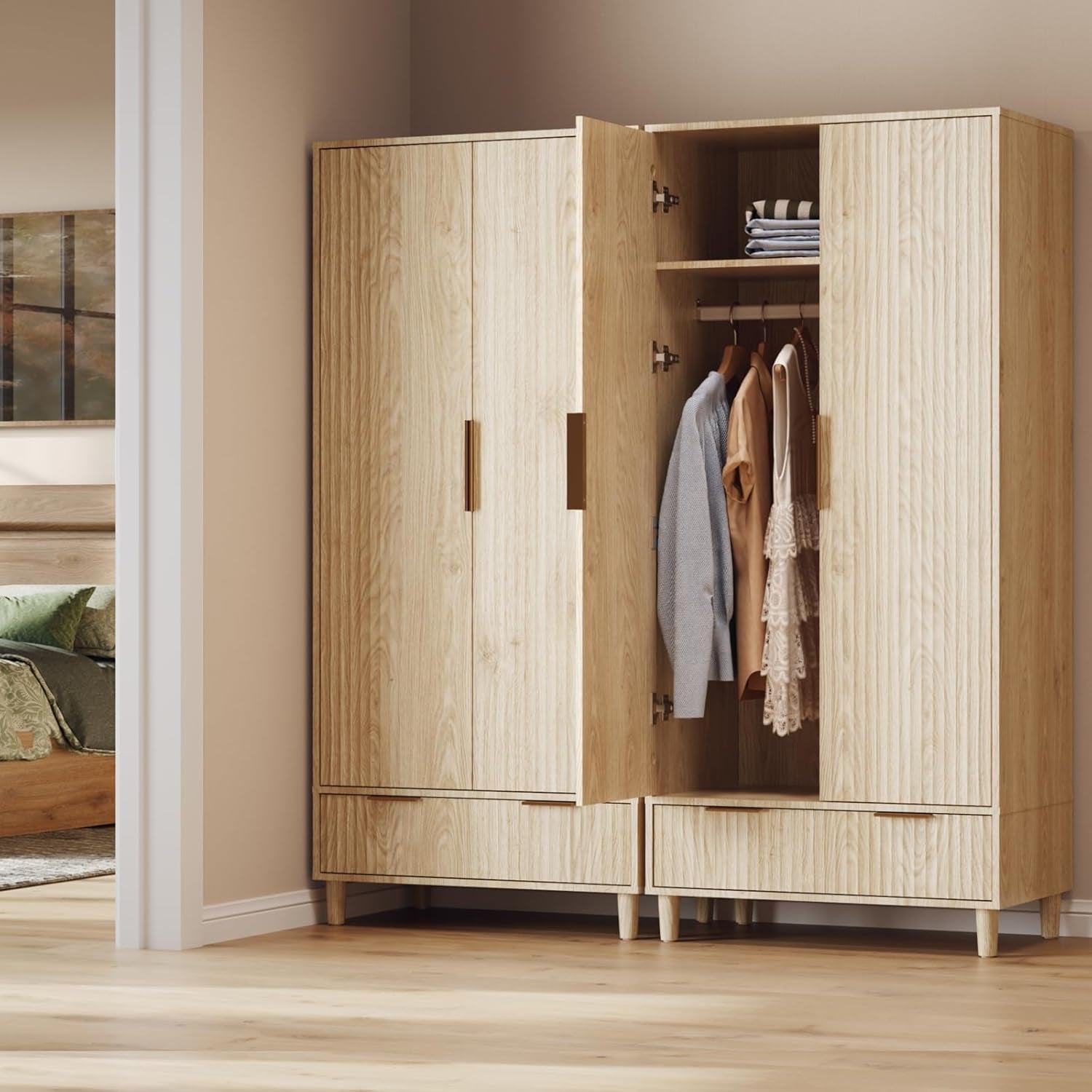 Fluted Wardrobe Closet Armoire with Doors and Drawers, Wardrobe Cabinet with Hanging Rack, Bedroom Closet Wood, Oak Free Standing Armoire with Shelf and Solid Wood Legs, 31.5"W*19.7"D*69.3"H