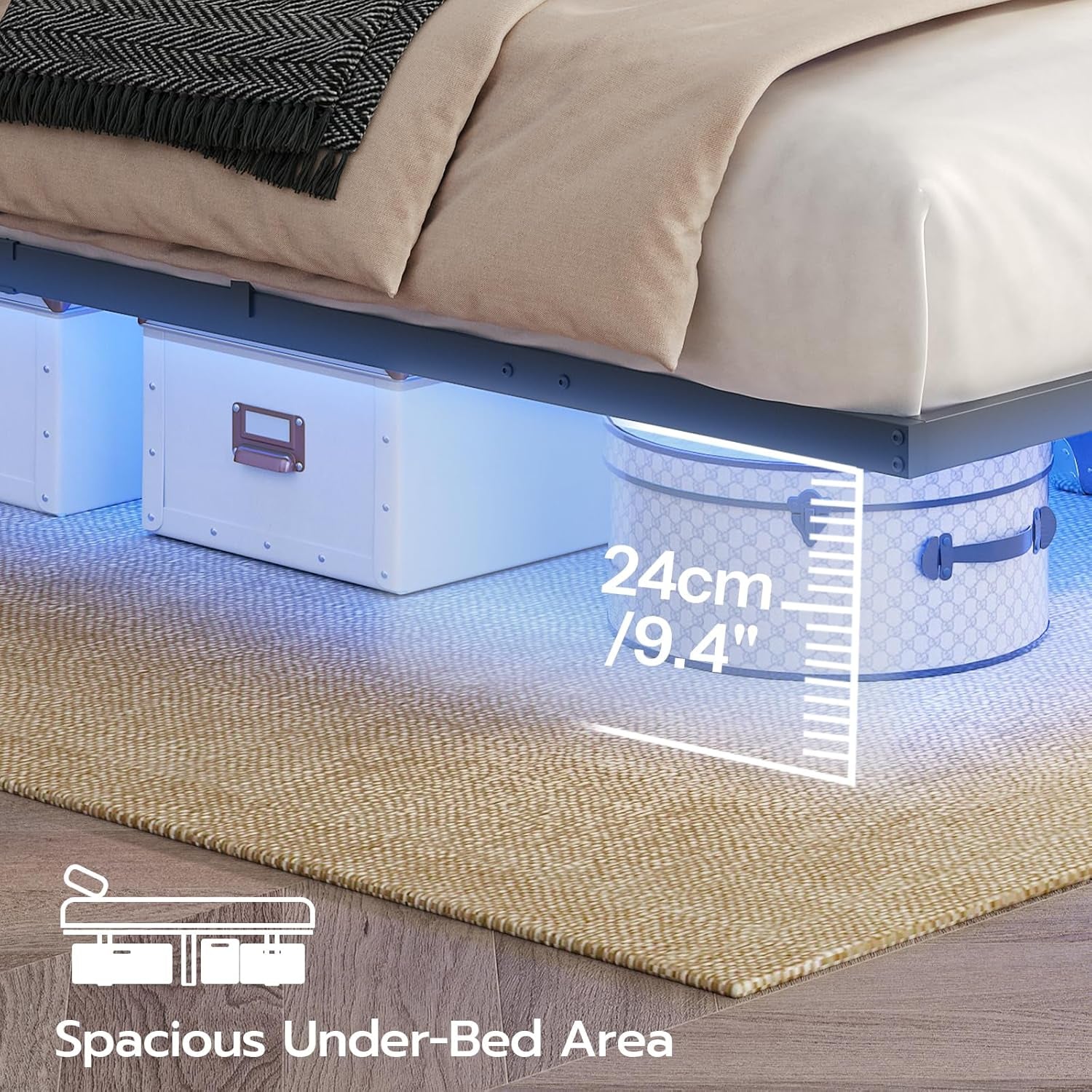 Floating Bed Frame Full Size, Bed Frame with Charging Station and LED Lights, Industrial Style Metal Platform Full Bed, Soundless, No Box Springs Needed, Black